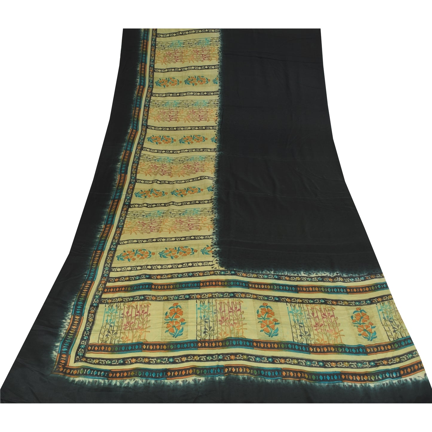 Sanskriti Vintage Sarees Black Pure Crepe Silk Printed Sari 5+yd Craft Sustainable Fabric