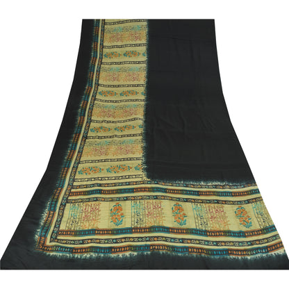 Sanskriti Vintage Sarees Black Pure Crepe Silk Printed Sari 5+yd Craft Sustainable Fabric