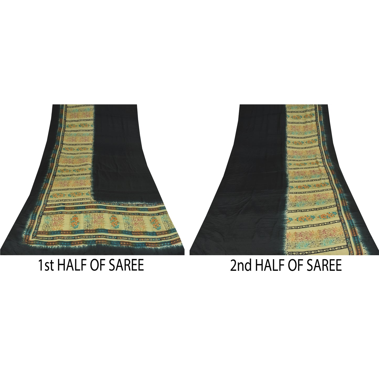 Sanskriti Vintage Sarees Black Pure Crepe Silk Printed Sari 5+yd Craft Sustainable Fabric