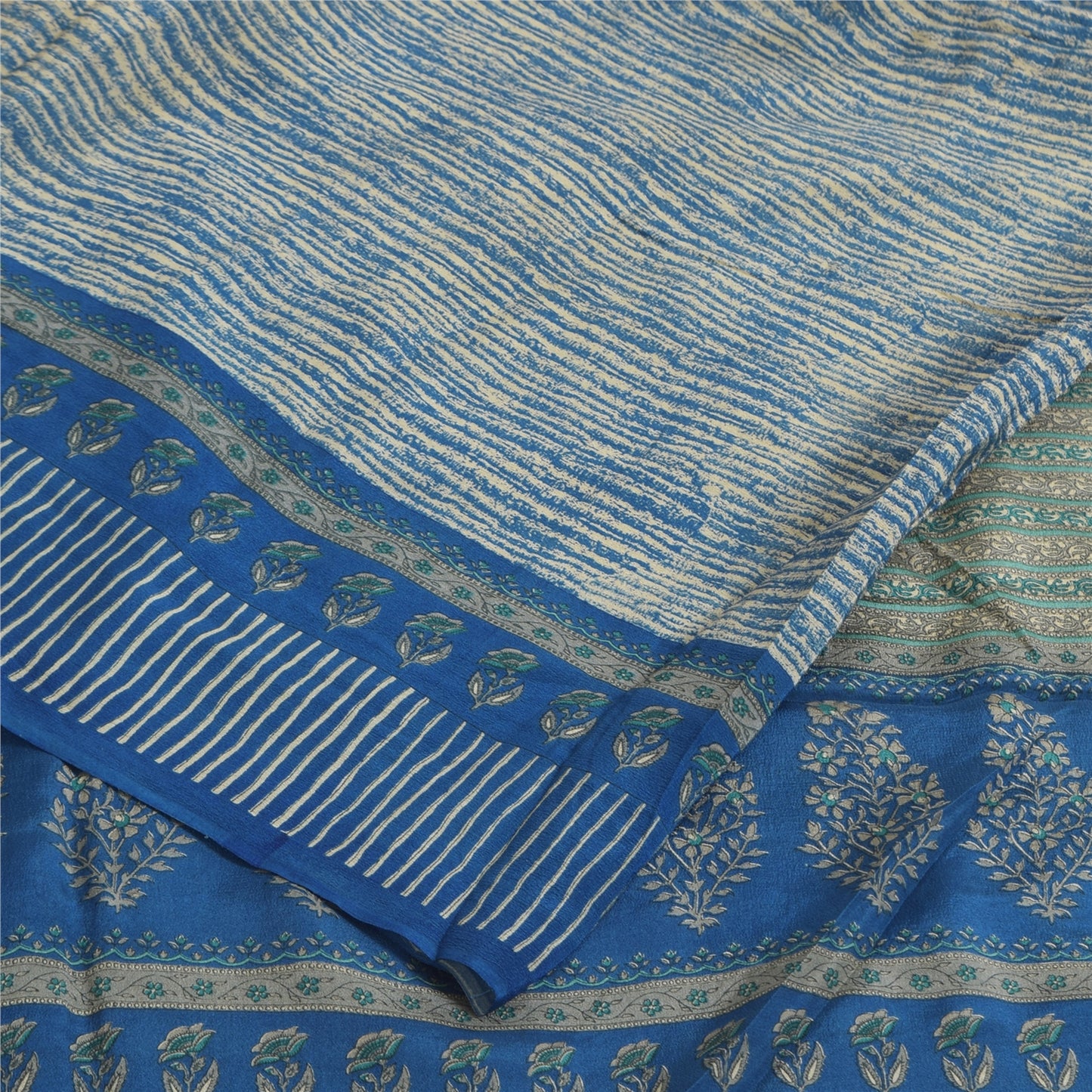 Sanskriti Vintage Sarees Blue Pure Crepe Abstract Printed Sari 5+yd Craft Fabric