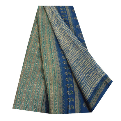 Sanskriti Vintage Sarees Blue Pure Crepe Abstract Printed Sari 5+yd Craft Fabric