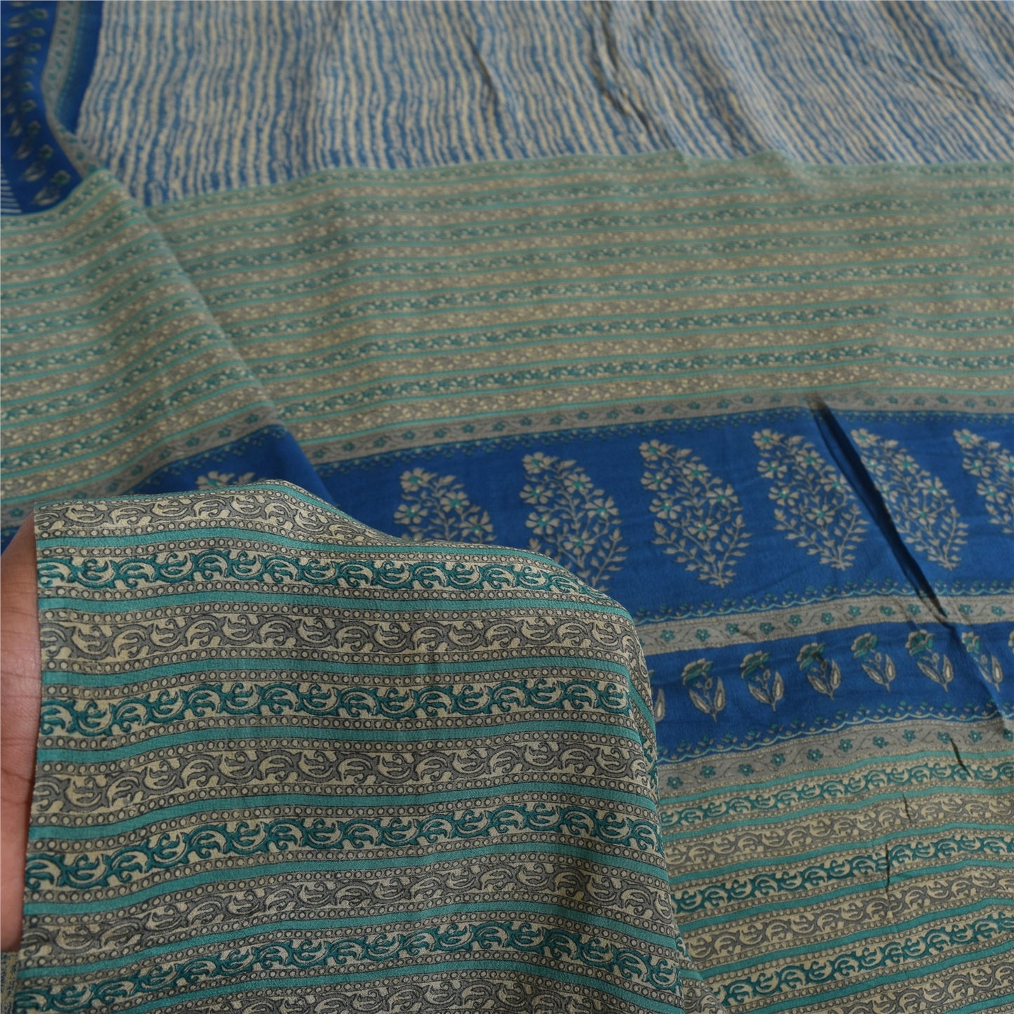 Sanskriti Vintage Sarees Blue Pure Crepe Abstract Printed Sari 5+yd Craft Fabric