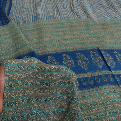 Sanskriti Vintage Sarees Blue Pure Crepe Abstract Printed Sari 5+yd Craft Fabric