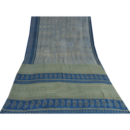 Sanskriti Vintage Sarees Blue Pure Crepe Abstract Printed Sari 5+yd Craft Fabric