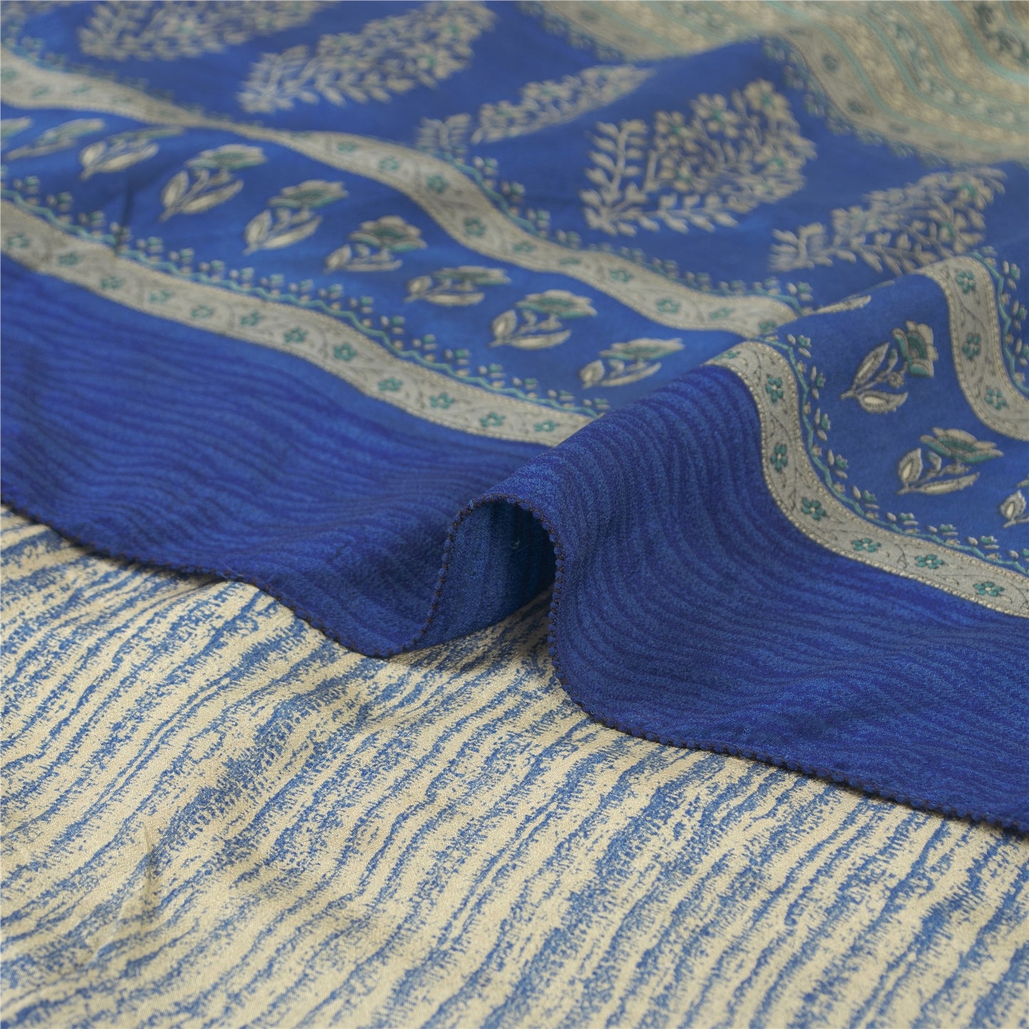 Sanskriti Vintage Sarees Blue Pure Crepe Abstract Printed Sari 5+yd Craft Fabric