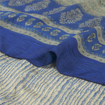 Sanskriti Vintage Sarees Blue Pure Crepe Abstract Printed Sari 5+yd Craft Fabric