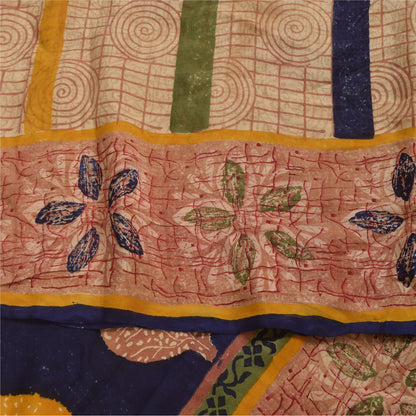 Sanskriti Vintage Sarees Peach Pure Crepe Silk Printed Sari 5+yd Craft Sustainable Fabric