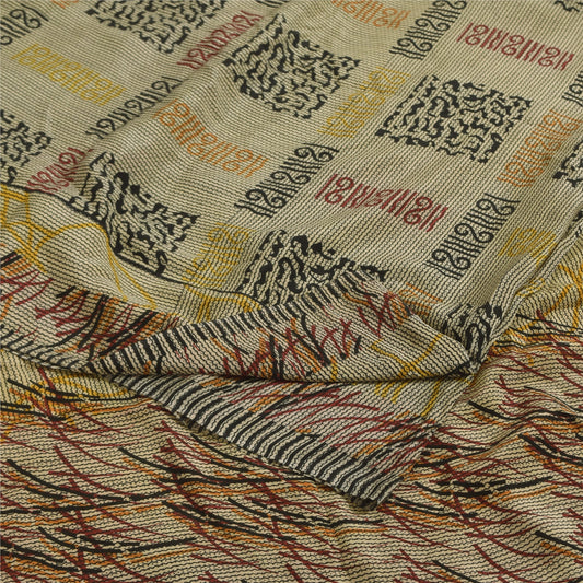 Sanskriti Vintage Sarier i lys cremefarvet crepe-silkeprint, 5+ yards håndværk i bæredygtigt stof