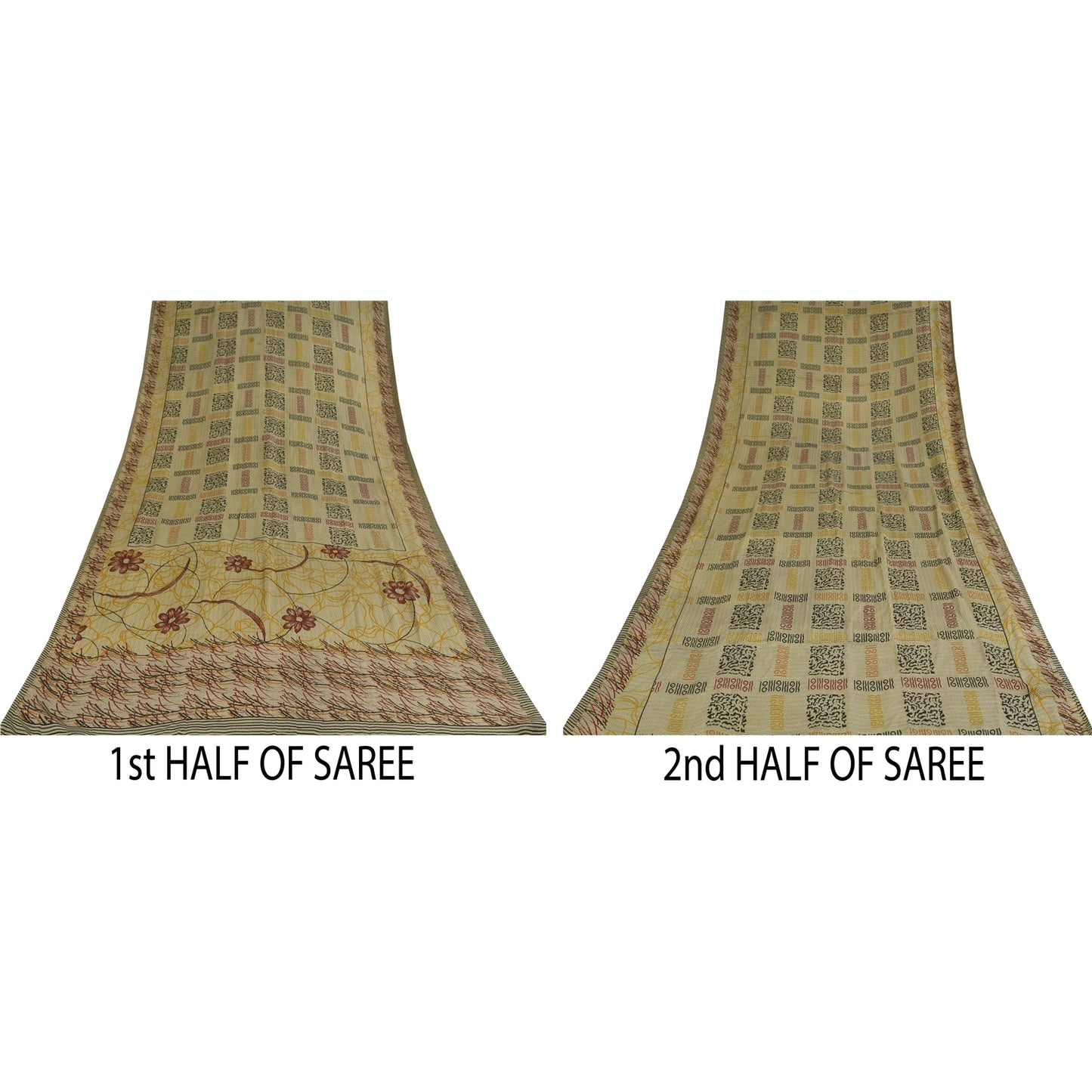Санскритские винтажные сари бледно-кремовый чистый креп шелк с принтом сари 5+ ярдов ремесленная устойчивая ткань