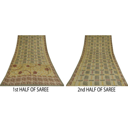 Санскритские винтажные сари бледно-кремовый чистый креп шелк с принтом сари 5+ ярдов ремесленная устойчивая ткань