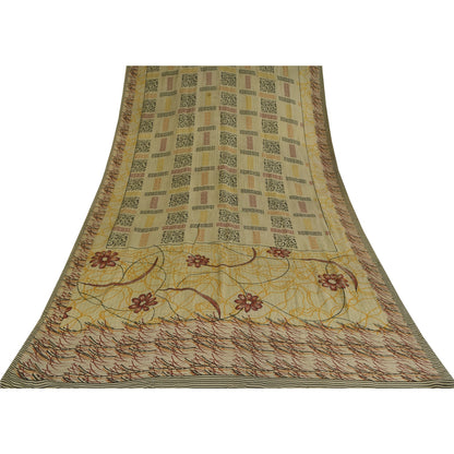 Санскритские винтажные сари бледно-кремовый чистый креп шелк с принтом сари 5+ ярдов ремесленная устойчивая ткань