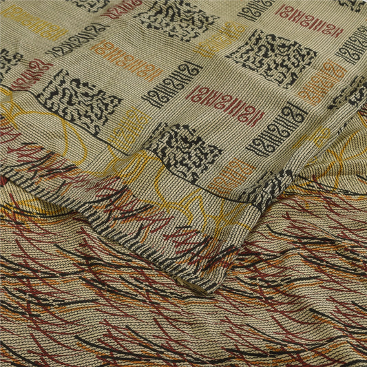 Sanskriti Vintage Sarier i lys cremefarvet crepe-silkeprint, 5+ yards håndværk i bæredygtigt stof