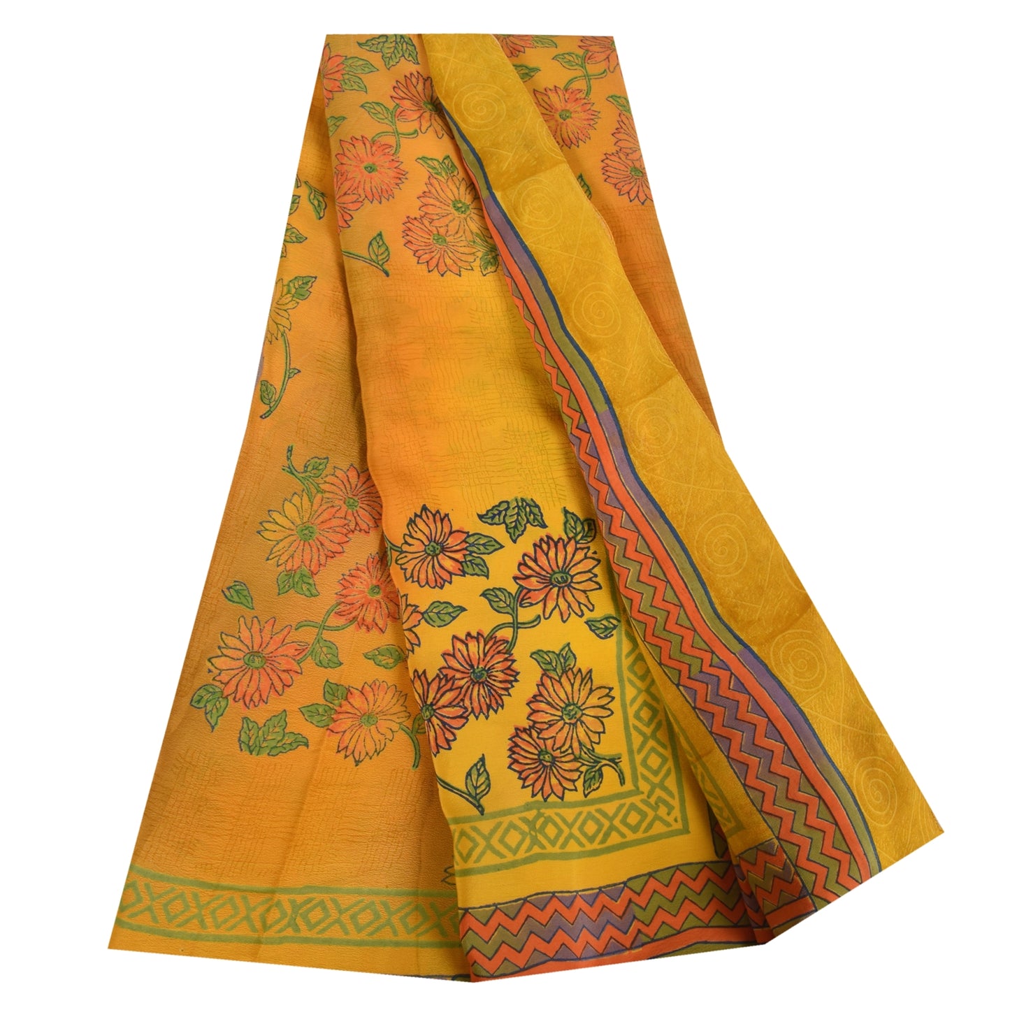 Санскритские винтажные сари из чистого желтого крепированного шелка с принтом, 5+ ярдов, ремесленная устойчивая ткань