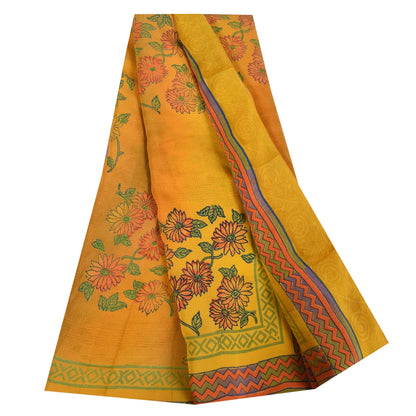 Санскритские винтажные сари из чистого желтого крепированного шелка с принтом, 5+ ярдов, ремесленная устойчивая ткань