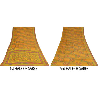 Санскритские винтажные сари из чистого желтого крепированного шелка с принтом, 5+ ярдов, ремесленная устойчивая ткань