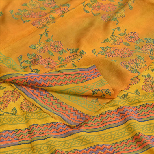 Sanskriti Vintage Sarees Yellow Pure Crepe Silk Printed Sari 5+yd Craft Sustainable Fabric
