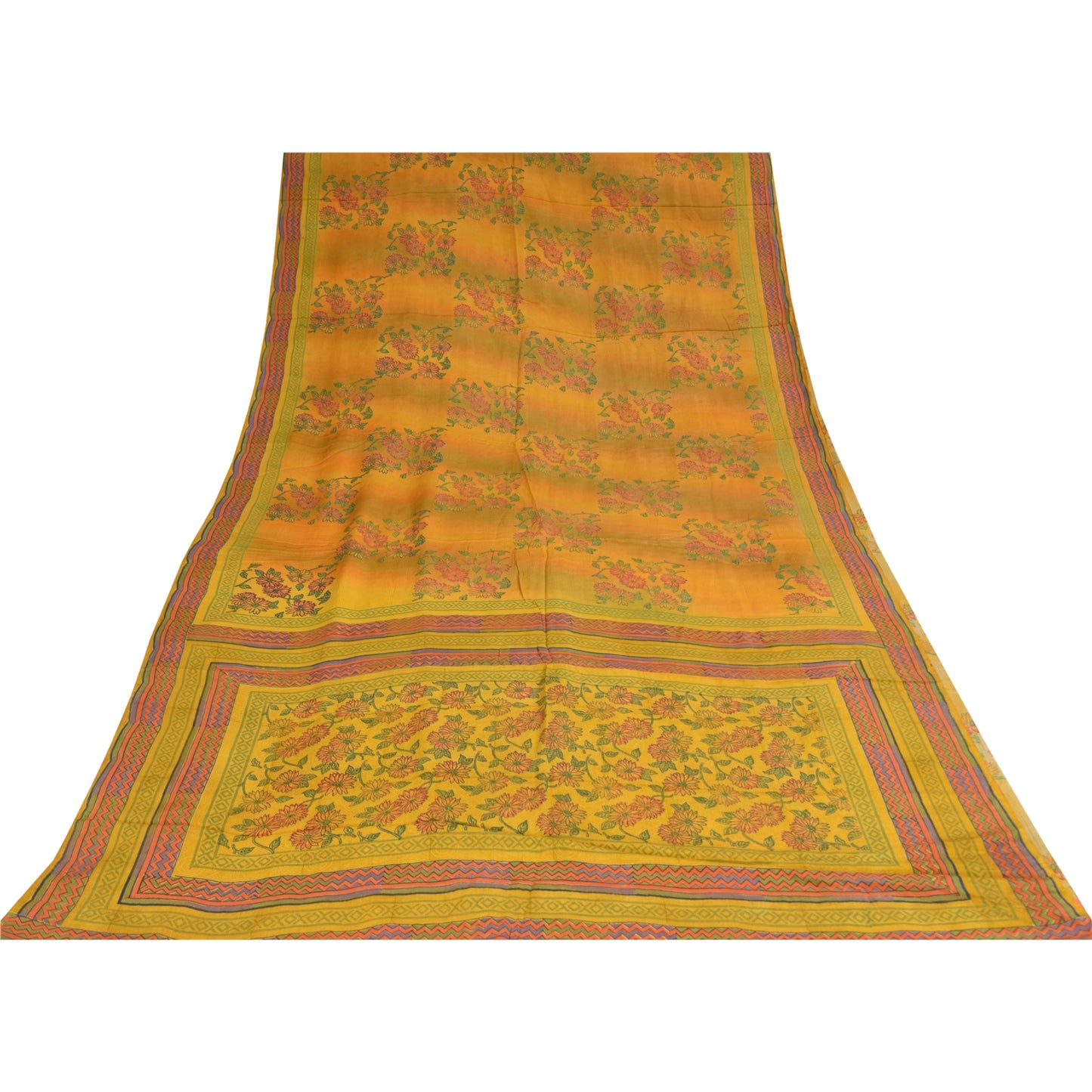 Санскритские винтажные сари из чистого желтого крепированного шелка с принтом, 5+ ярдов, ремесленная устойчивая ткань