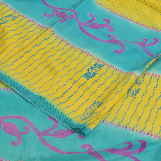 Sanskriti Vintage Sarier Gul/Blå Ren Crepe Trykt Sari 5+ yard Håndværk Bæredygtigt Stoff