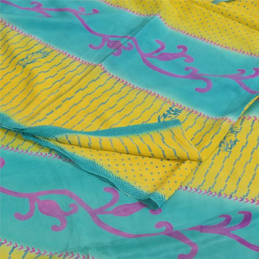 Sanskriti Vintage Sarier Gul/Blå Ren Crepe Trykt Sari 5+ yard Håndværk Bæredygtigt Stoff