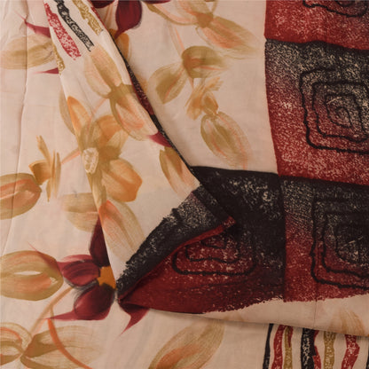 Sanskriti Vintage Sarees Dark Red Pure Crepe Silk Printed Sari 5+yd Craft Sustainable Fabric