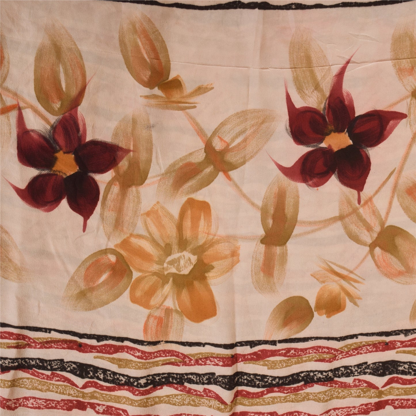 Sanskriti Vintage Sarees Dark Red Pure Crepe Silk Printed Sari 5+yd Craft Sustainable Fabric