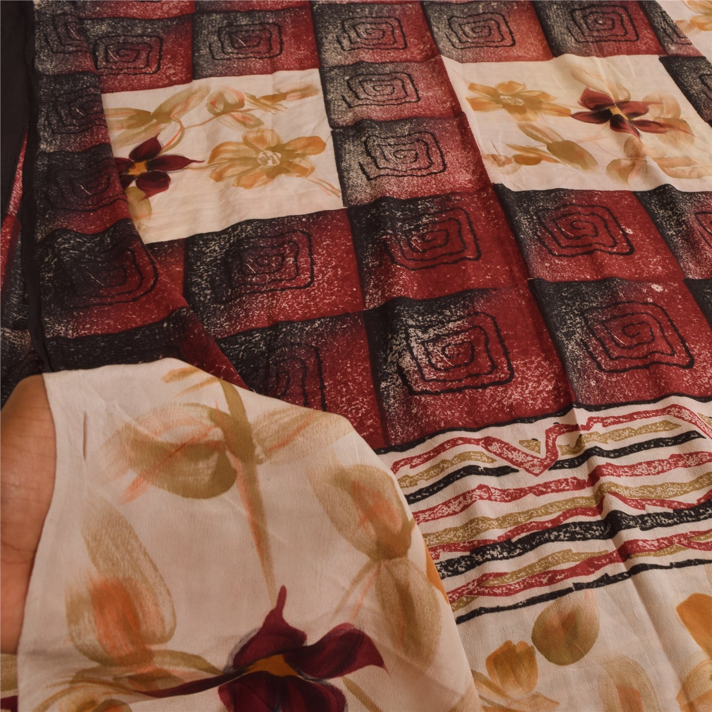 Sanskriti Vintage Sarees Dark Red Pure Crepe Silk Printed Sari 5+yd Craft Sustainable Fabric