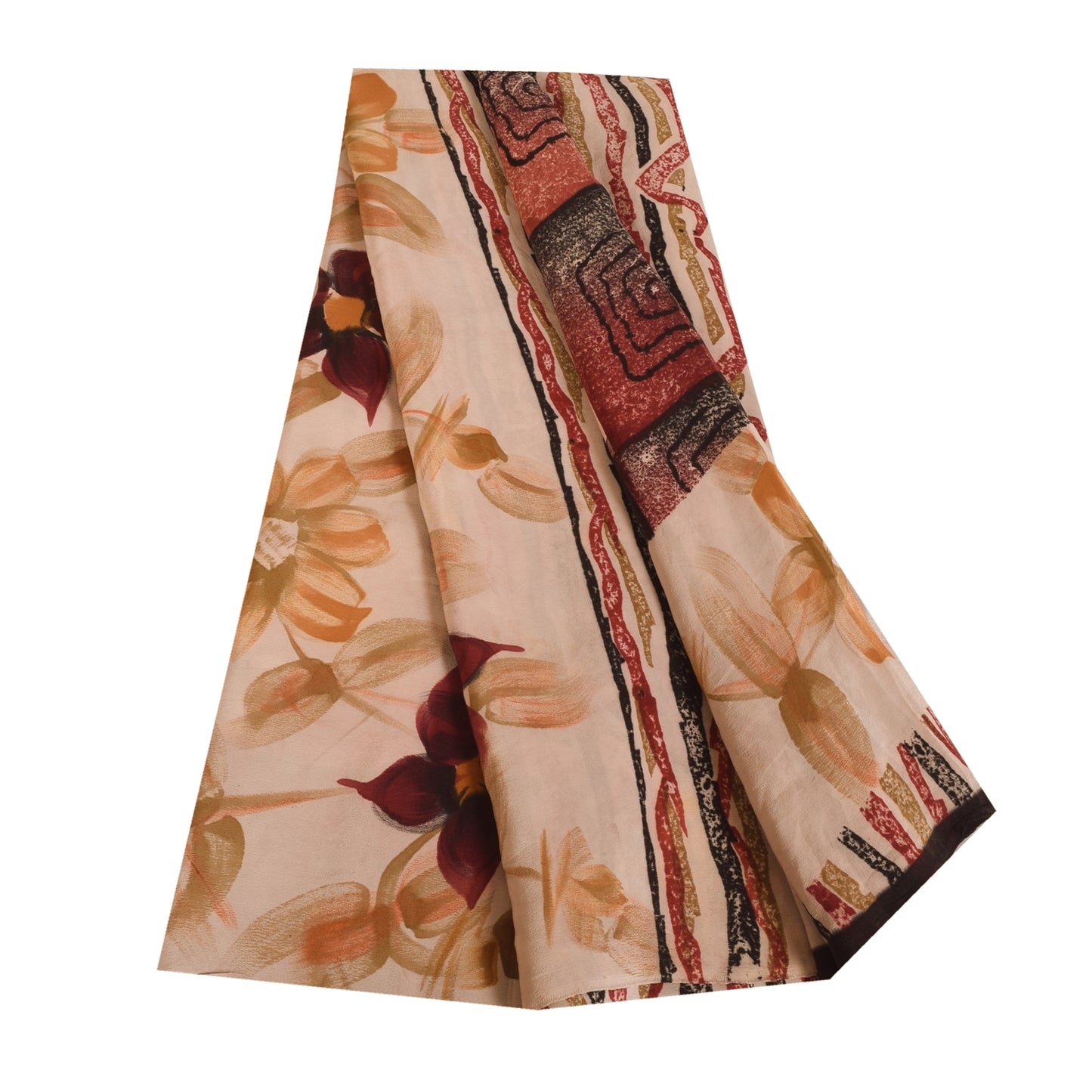 Sanskriti Vintage Sarees Dark Red Pure Crepe Silk Printed Sari 5+yd Craft Sustainable Fabric