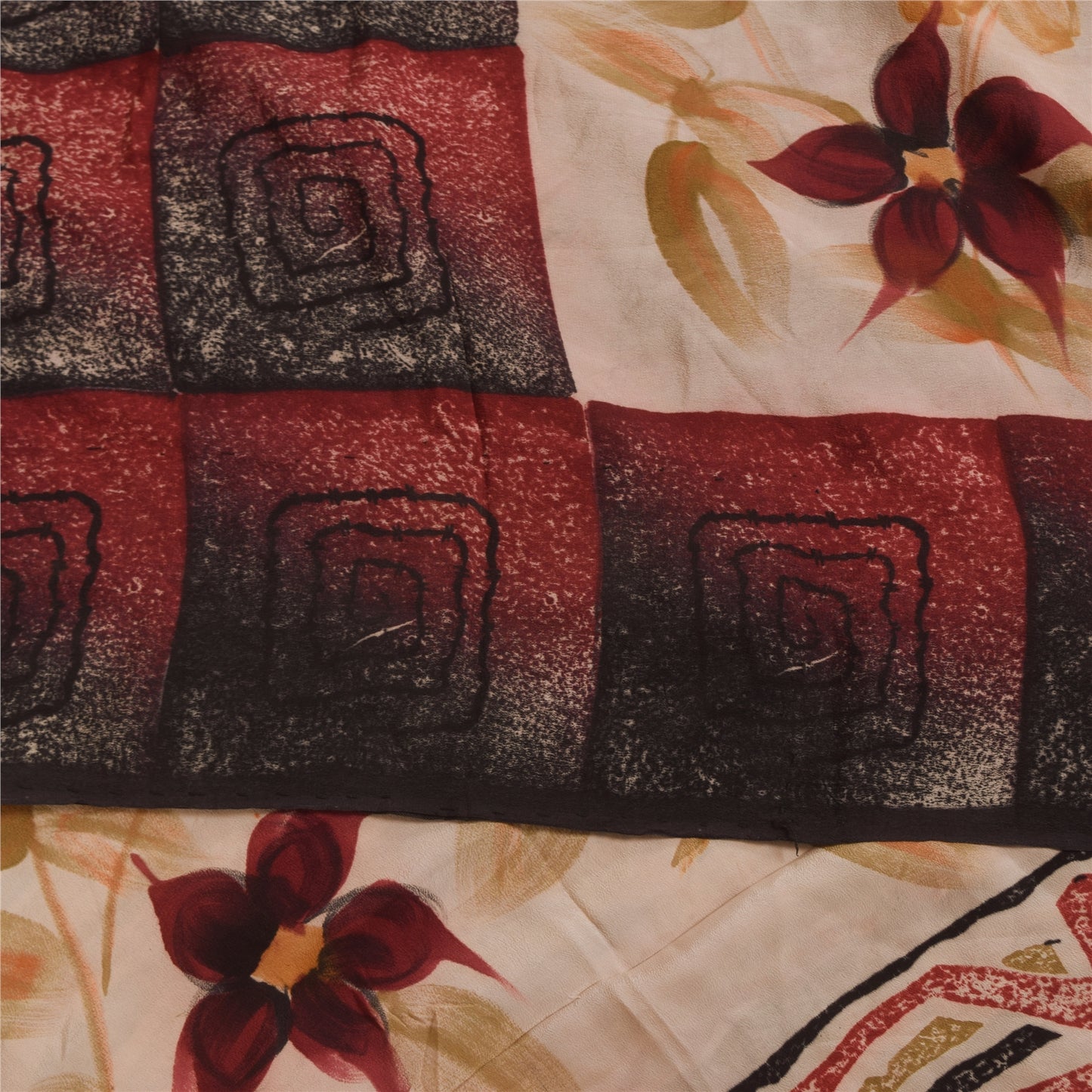 Sanskriti Vintage Sarees Dark Red Pure Crepe Silk Printed Sari 5+yd Craft Sustainable Fabric