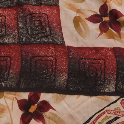 Sanskriti Vintage Sarees Dark Red Pure Crepe Silk Printed Sari 5+yd Craft Sustainable Fabric