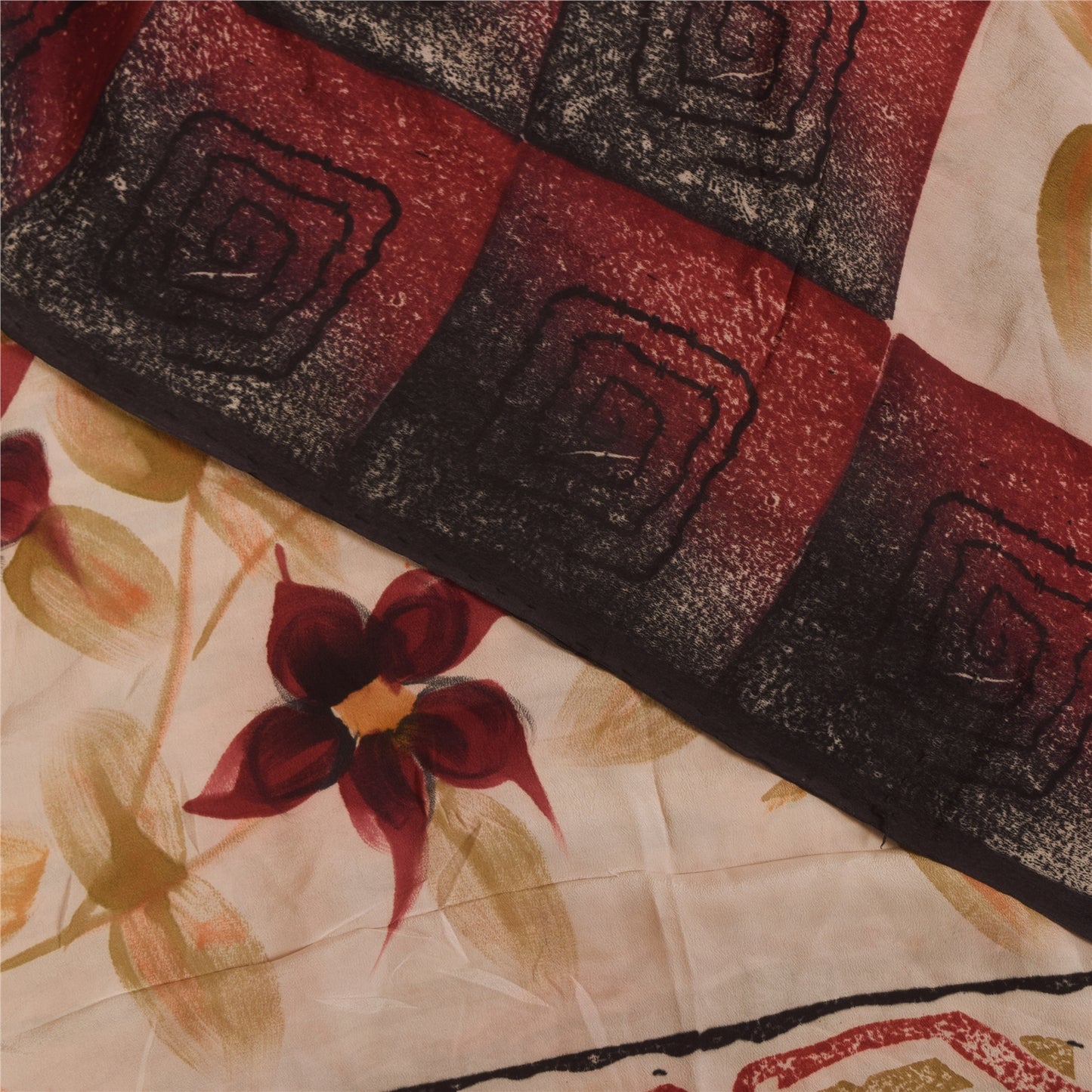 Sanskriti Vintage Sarees Dark Red Pure Crepe Silk Printed Sari 5+yd Craft Sustainable Fabric