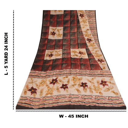Sanskriti Vintage Sarees Dark Red Pure Crepe Silk Printed Sari 5+yd Craft Sustainable Fabric