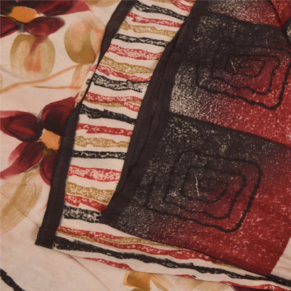 Sanskriti Vintage Sarees Dark Red Pure Crepe Silk Printed Sari 5+yd Craft Sustainable Fabric