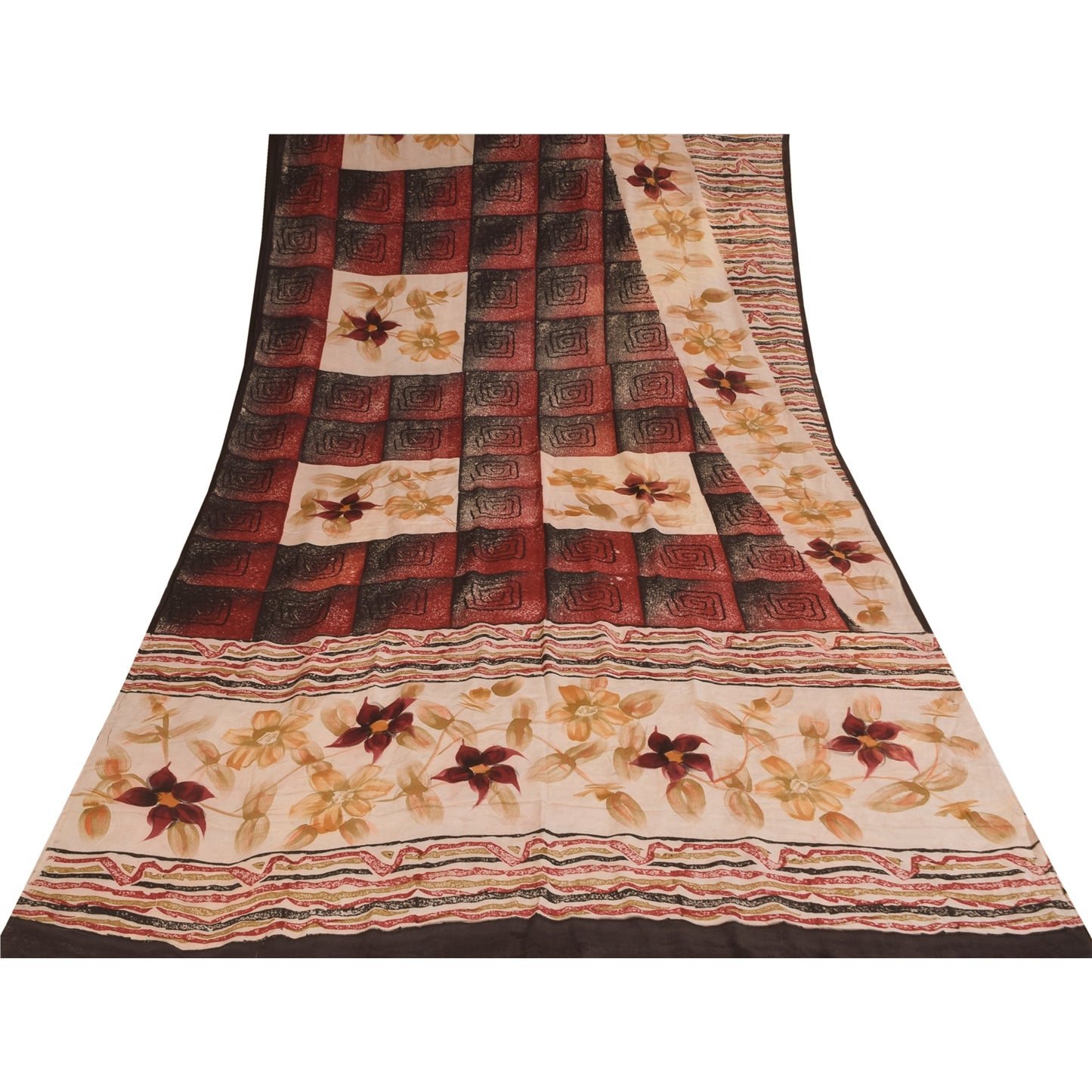 Sanskriti Vintage Sarees Dark Red Pure Crepe Silk Printed Sari 5+yd Craft Sustainable Fabric