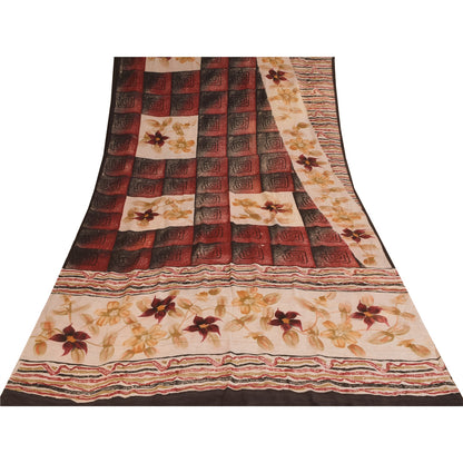 Sanskriti Vintage Sarees Dark Red Pure Crepe Silk Printed Sari 5+yd Craft Sustainable Fabric