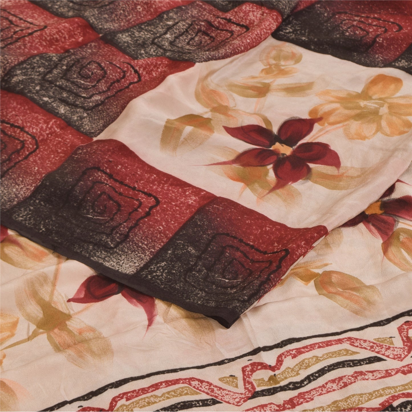 Sanskriti Vintage Sarees Dark Red Pure Crepe Silk Printed Sari 5+yd Craft Sustainable Fabric