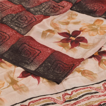 Sanskriti Vintage Sarees Dark Red Pure Crepe Silk Printed Sari 5+yd Craft Sustainable Fabric