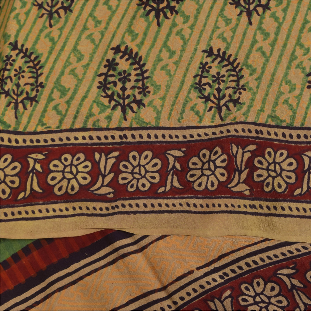 Sanskriti Vintage Sarees Green Pure Crepe Hand Block Printed Sari 5+yd Sustainable Fabric
