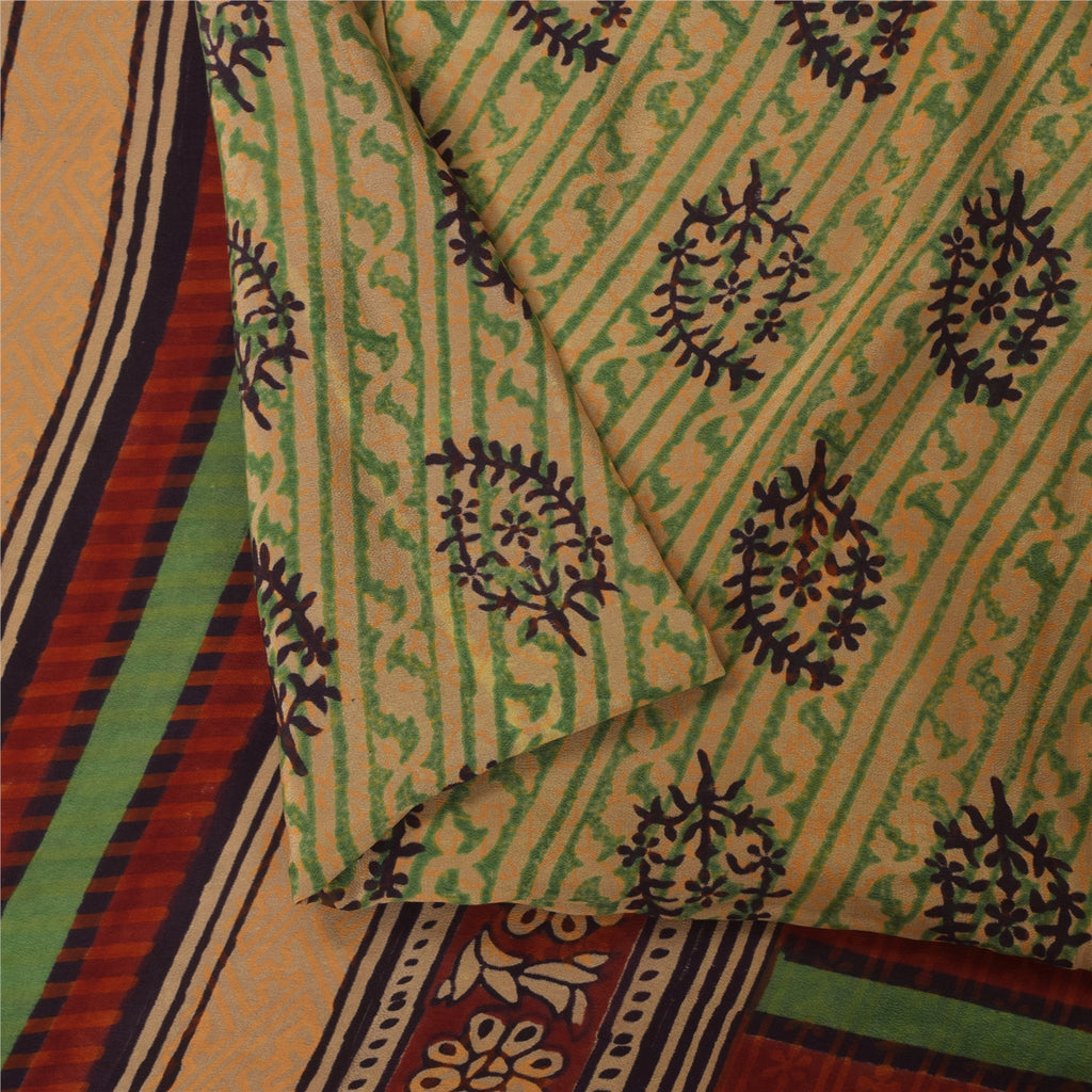 Sanskriti Vintage Sarees Green Pure Crepe Hand Block Printed Sari 5+yd Sustainable Fabric