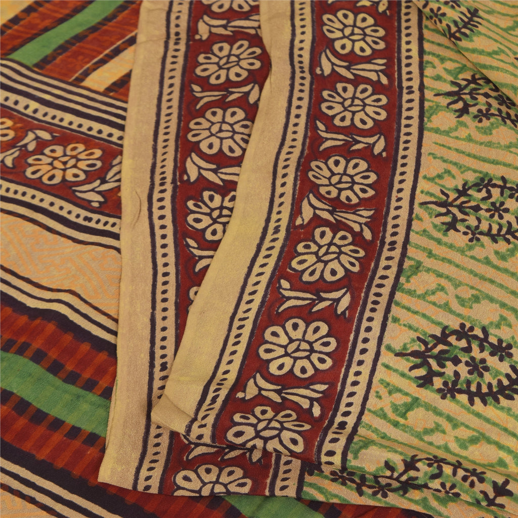 Sanskriti Vintage Sarees Green Pure Crepe Hand Block Printed Sari 5+yd Sustainable Fabric