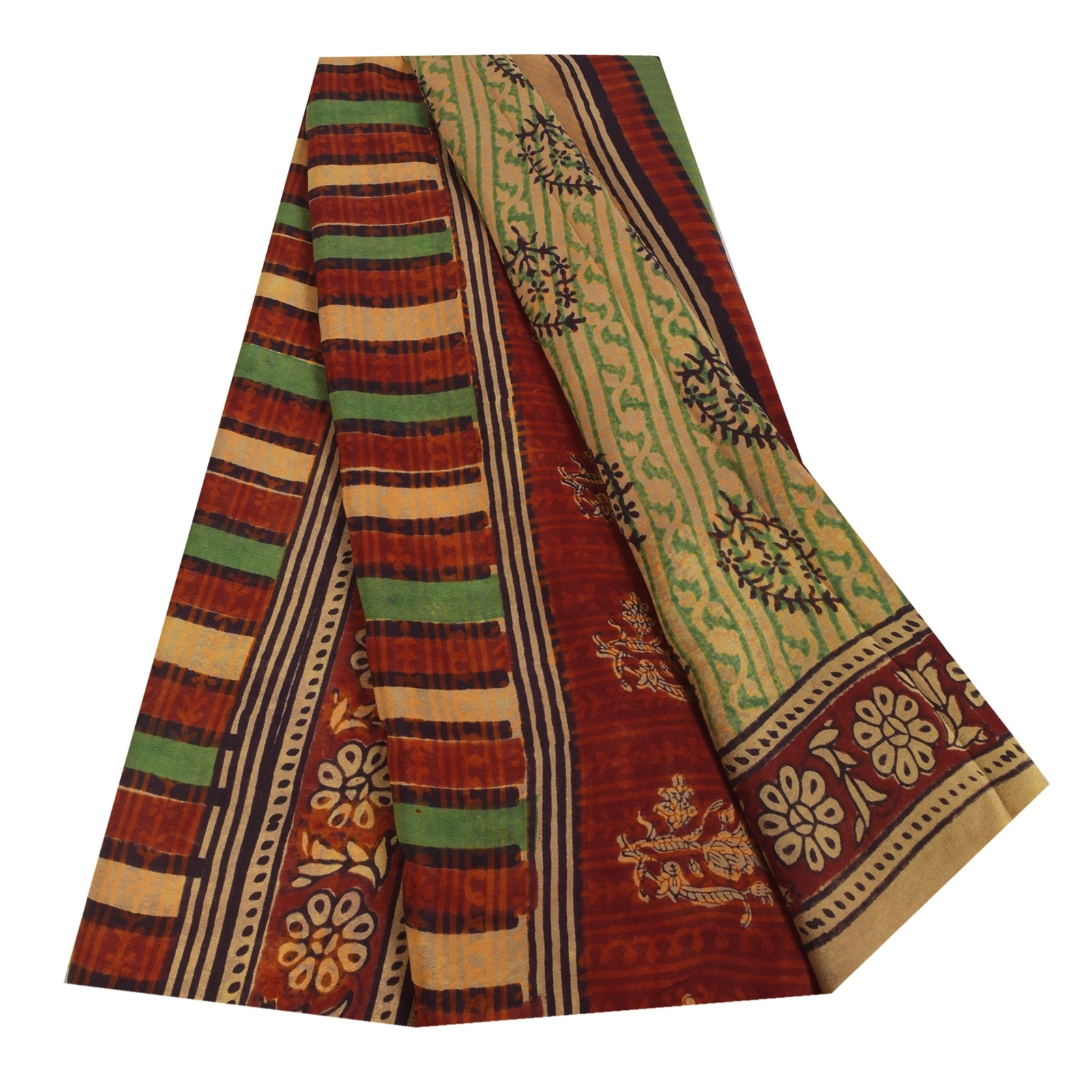 Sanskriti Vintage Sarees Green Pure Crepe Hand Block Printed Sari 5+yd Sustainable Fabric