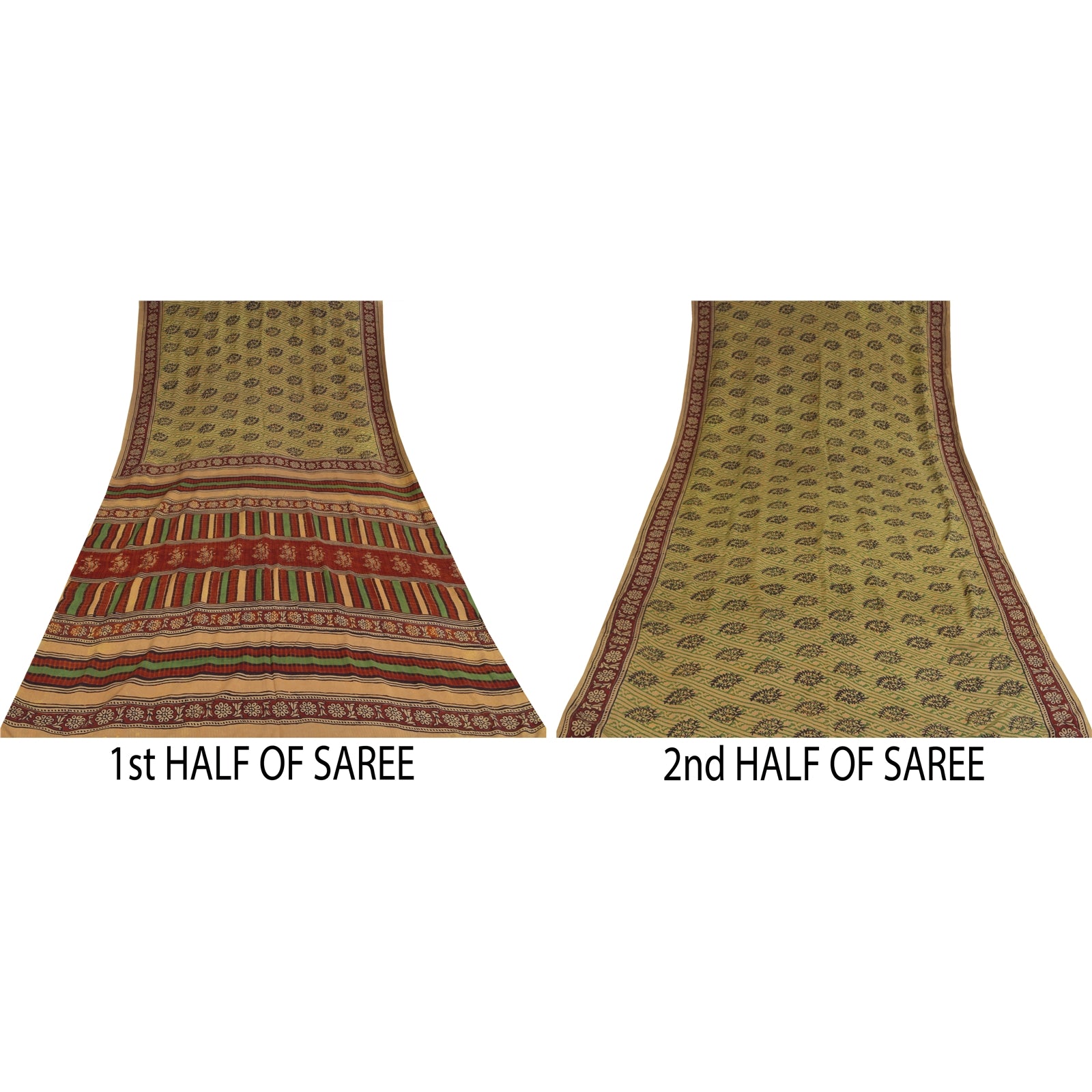 Sanskriti Vintage Sarees Green Pure Crepe Hand Block Printed Sari 5+yd Sustainable Fabric