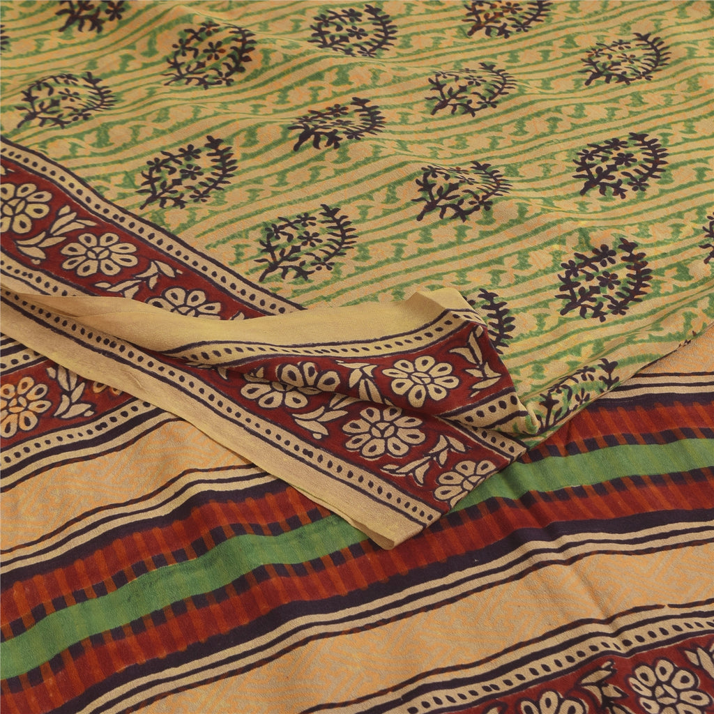Sanskriti Vintage Sarees Green Pure Crepe Hand Block Printed Sari 5+yd Sustainable Fabric