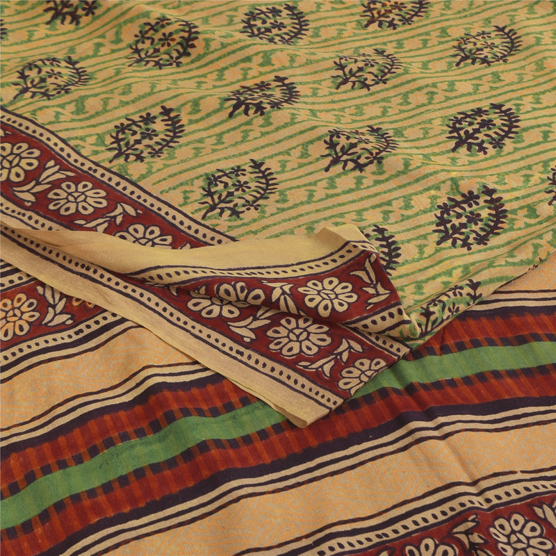 Sanskriti Vintage Sarees Green Pure Crepe Hand Block Printed Sari 5+yd Sustainable Fabric