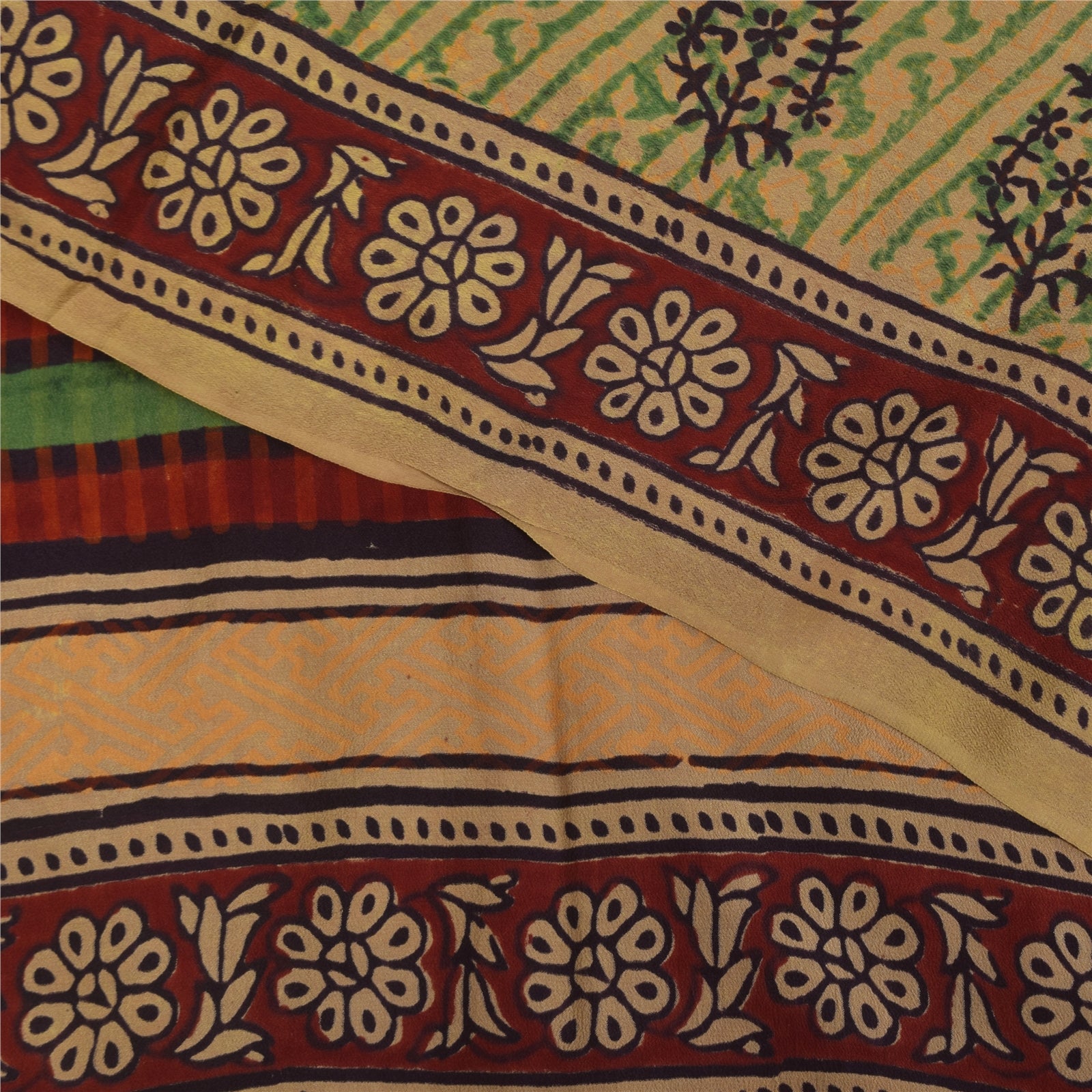 Sanskriti Vintage Sarees Green Pure Crepe Hand Block Printed Sari 5+yd Sustainable Fabric