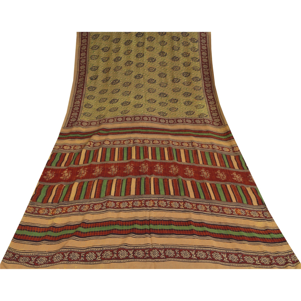 Sanskriti Vintage Sarees Green Pure Crepe Hand Block Printed Sari 5+yd Sustainable Fabric