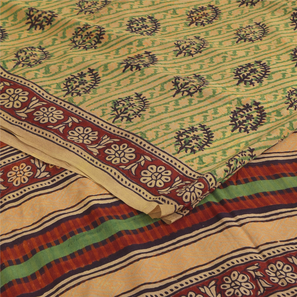 Sanskriti Vintage Sarees Green Pure Crepe Hand Block Printed Sari 5+yd Sustainable Fabric
