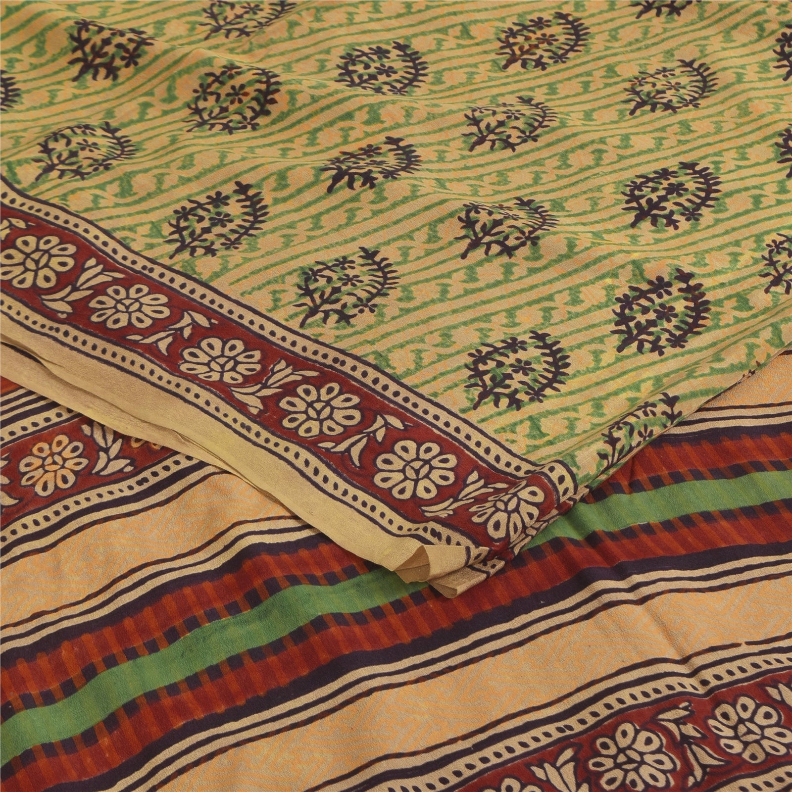 Sanskriti Vintage Sarees Green Pure Crepe Hand Block Printed Sari 5+yd Sustainable Fabric