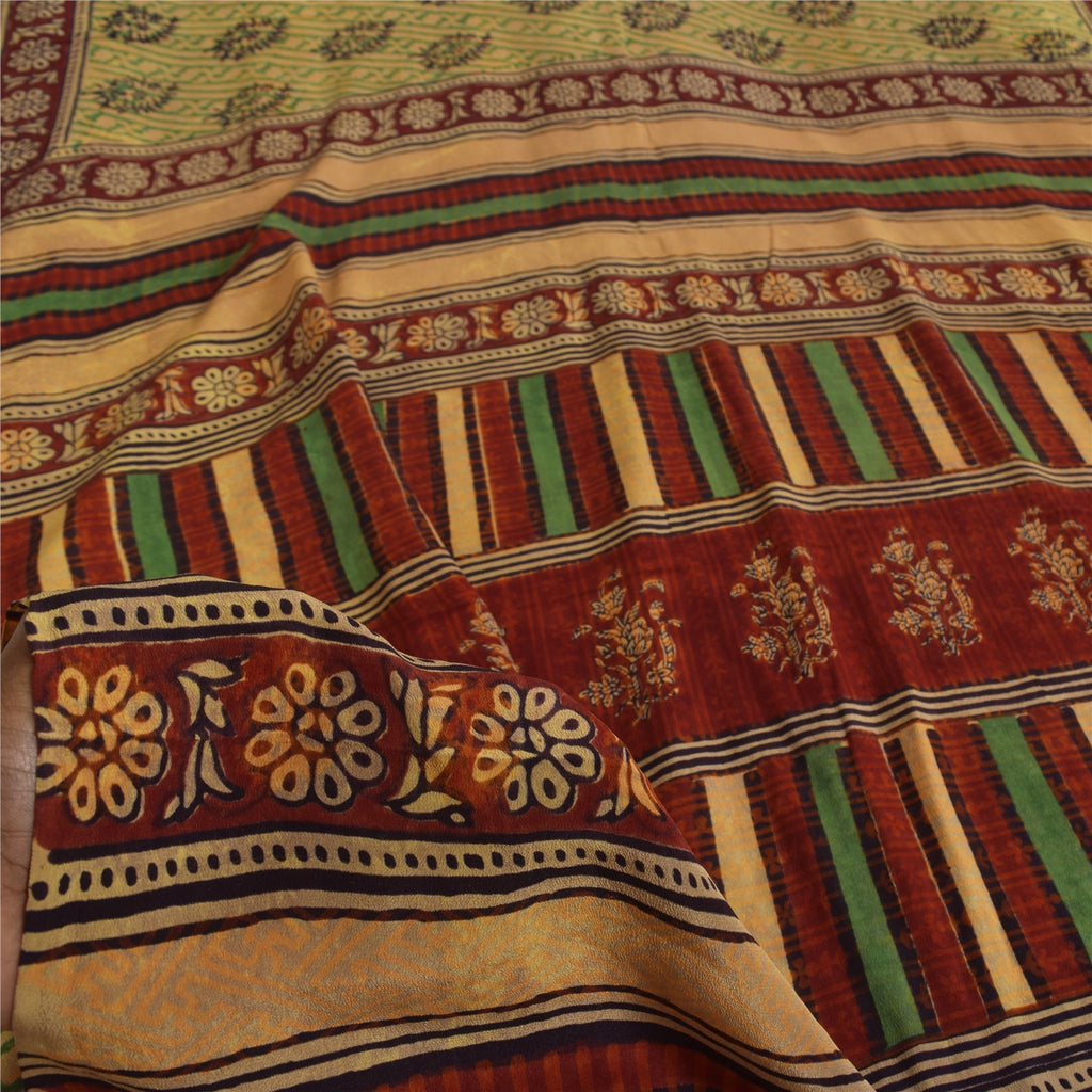 Sanskriti Vintage Sarees Green Pure Crepe Hand Block Printed Sari 5+yd Sustainable Fabric