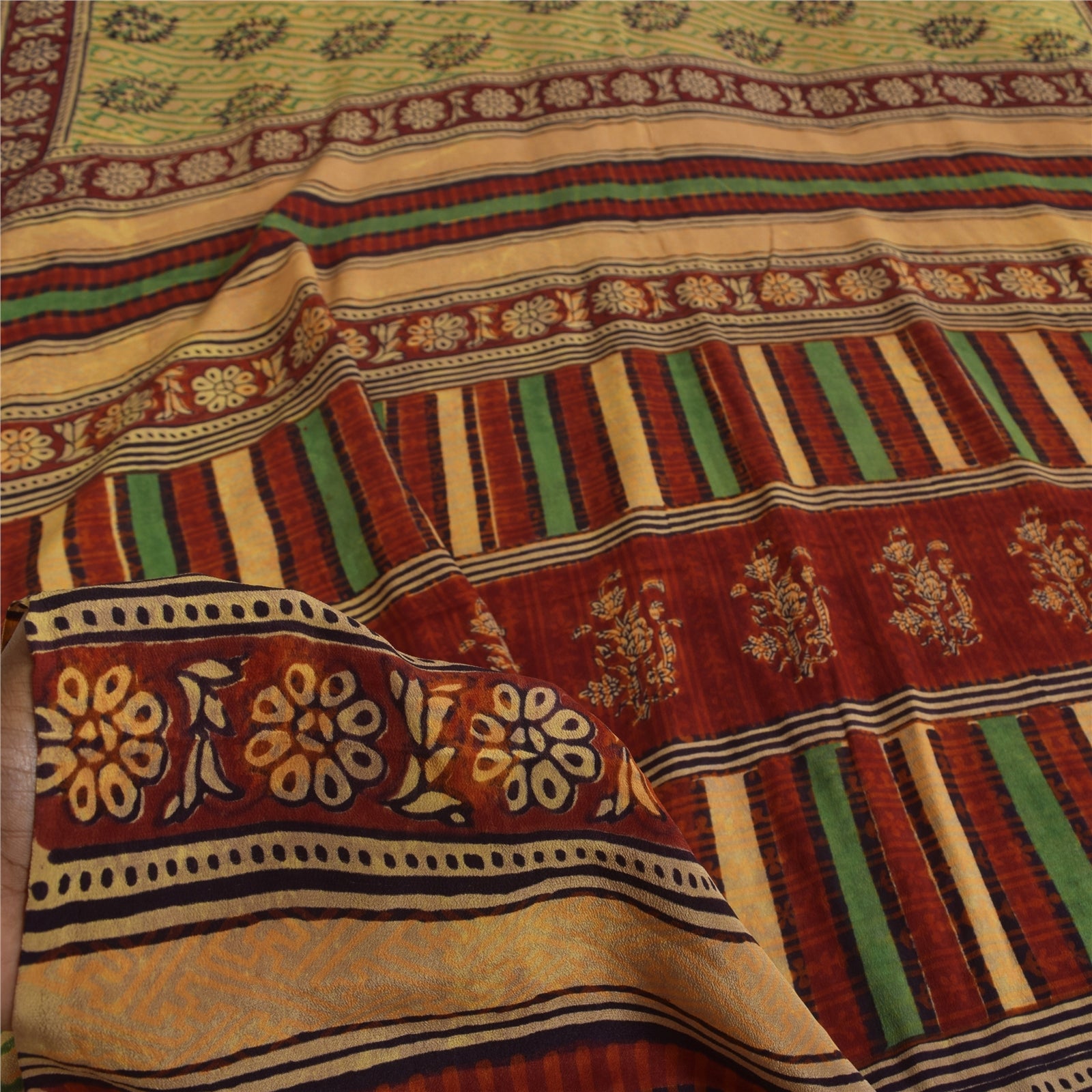 Sanskriti Vintage Sarees Green Pure Crepe Hand Block Printed Sari 5+yd Sustainable Fabric