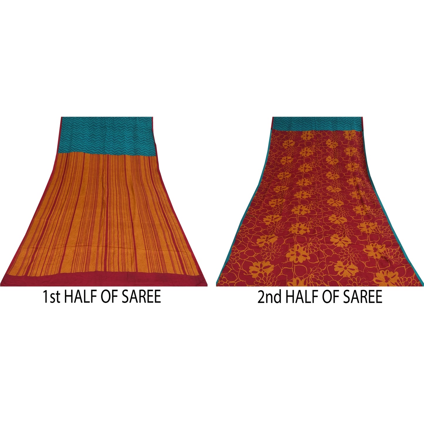 Sanskriti Vintage Sarees Red/Blue Pure Crepe Silk Printed Sari 5+yd Craft Sustainable Fabric